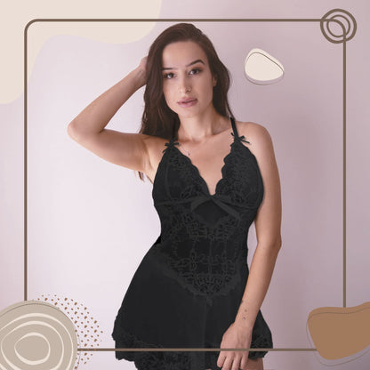 Love Salve Lingerie Lace Nightgown Dress – Babydoll Sleeveless See Through Sleepwear Black