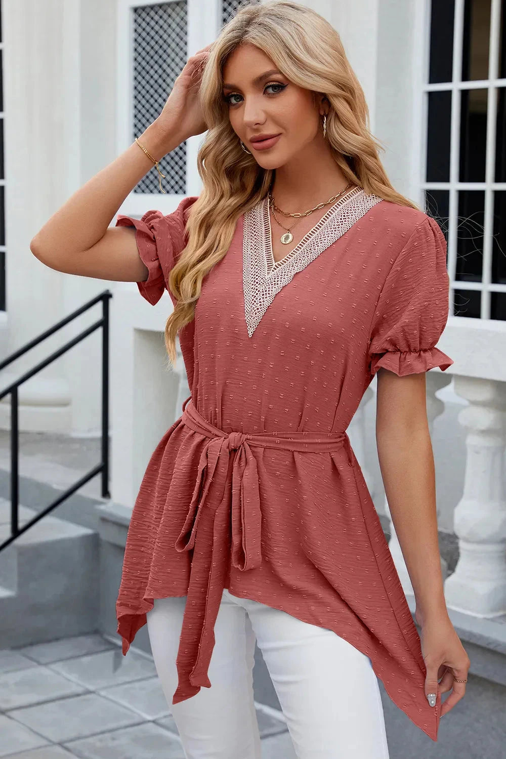 Swiss Dot Tie Waist Flounce Sleeve Blouse Coco’s Tee Boutique