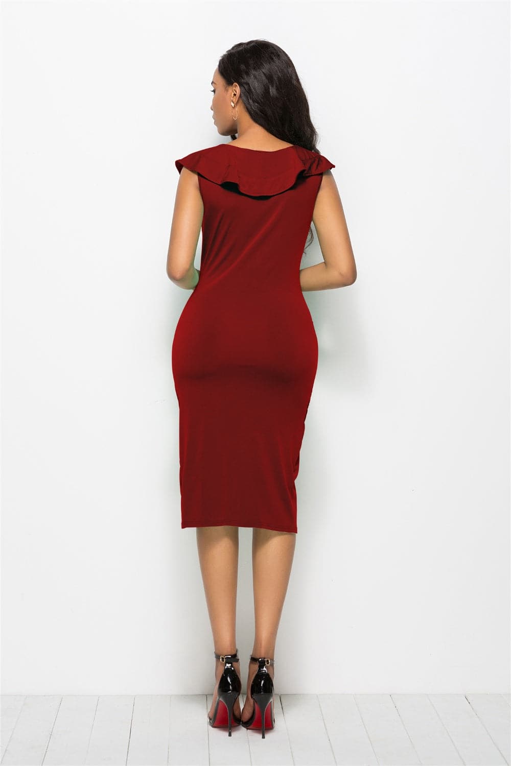 Ruched Ruffled Cap Sleeve Dress.