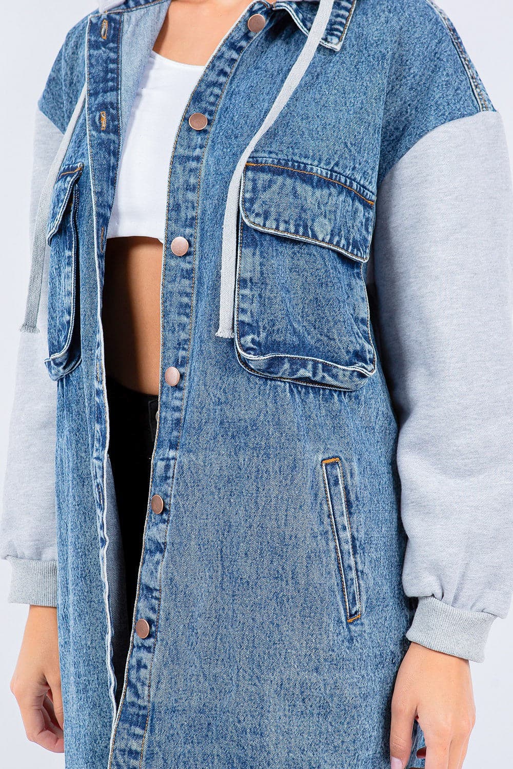 American Bazi Contrast Longline Hooded Denim Jacket.