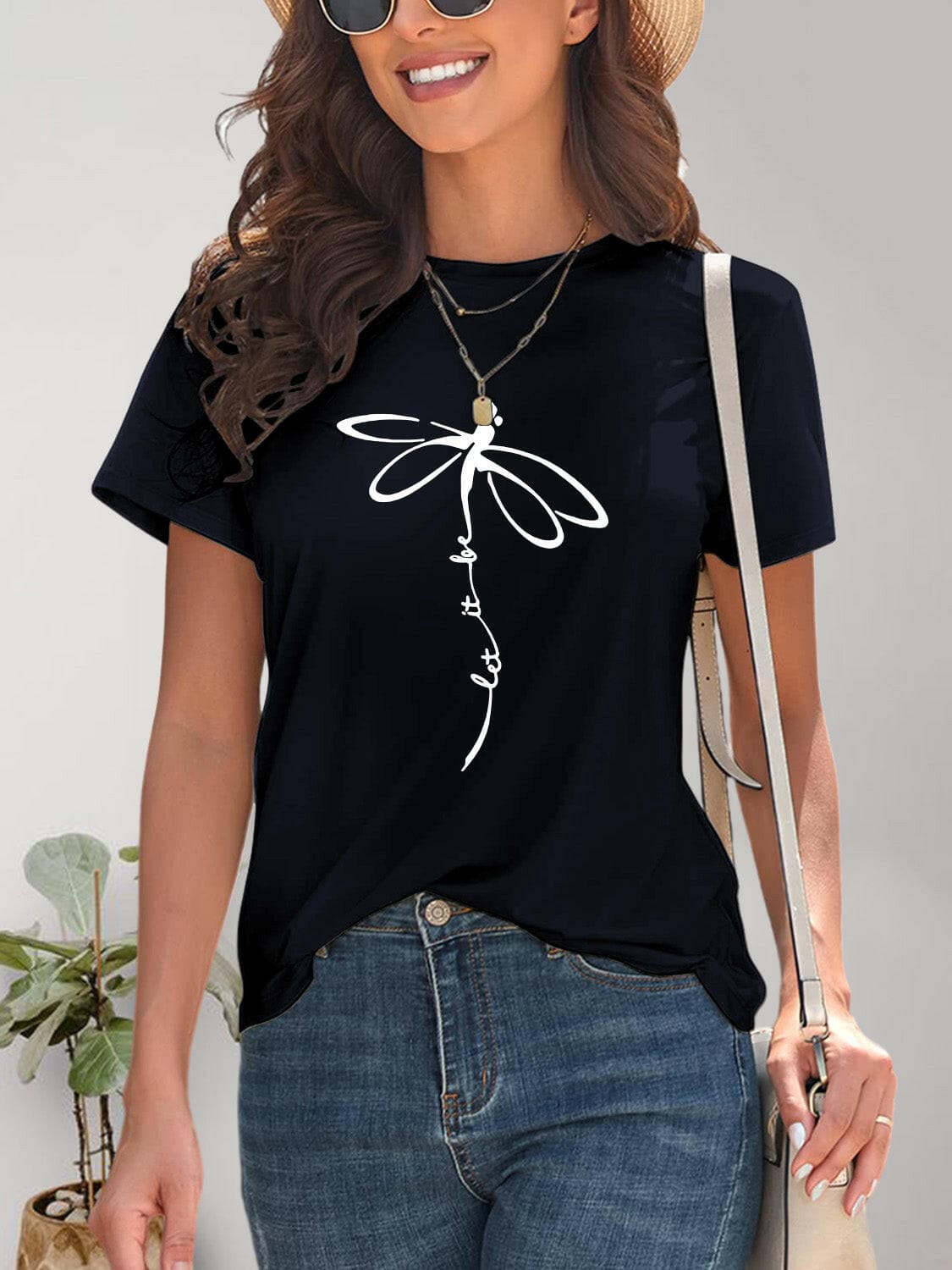 Dragonfly Graphic Round Neck Short Sleeve T-Shirt.