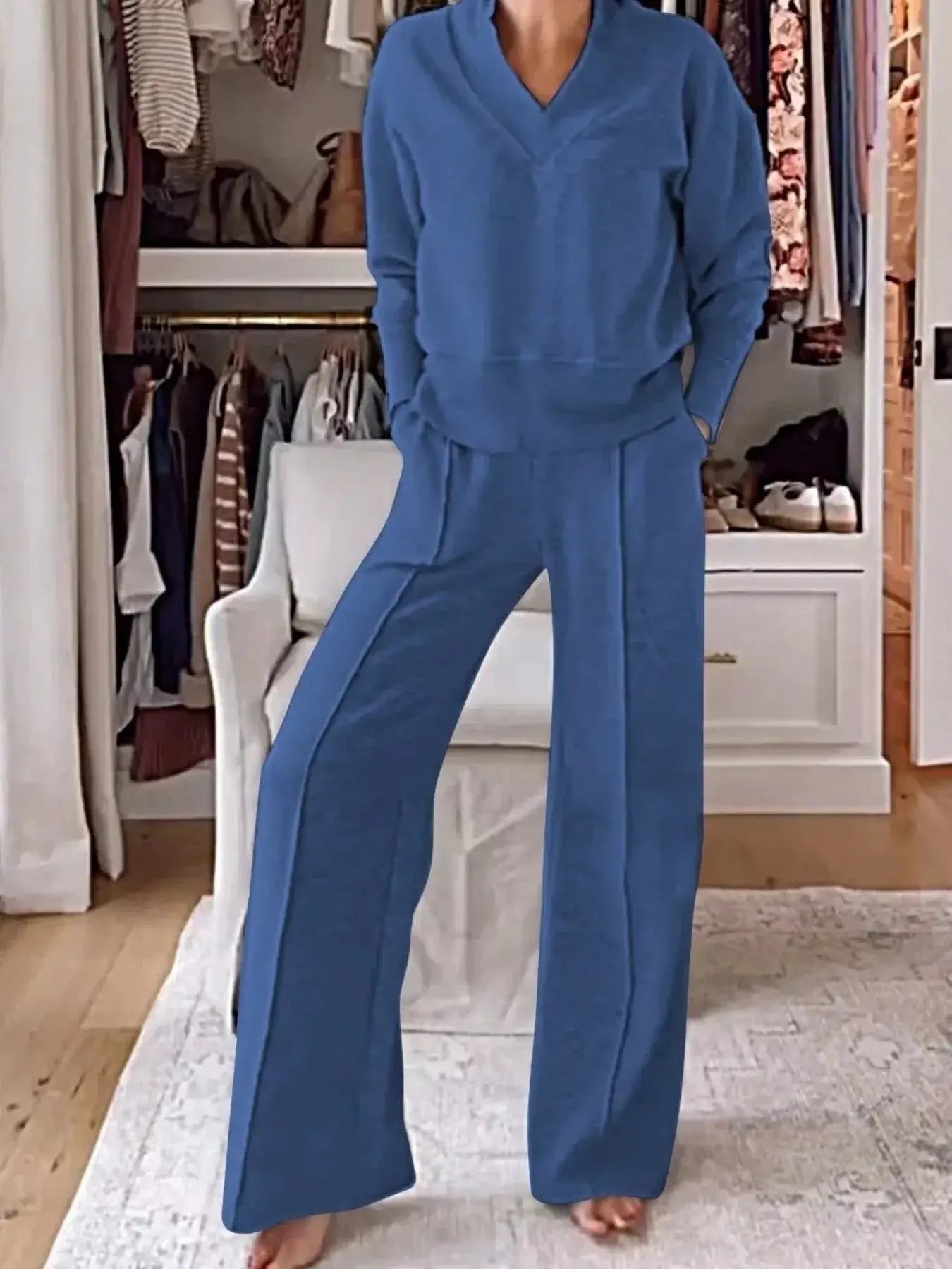 Full Size Cozy V-Neck Top and Pants Set Plus Size Simply Love