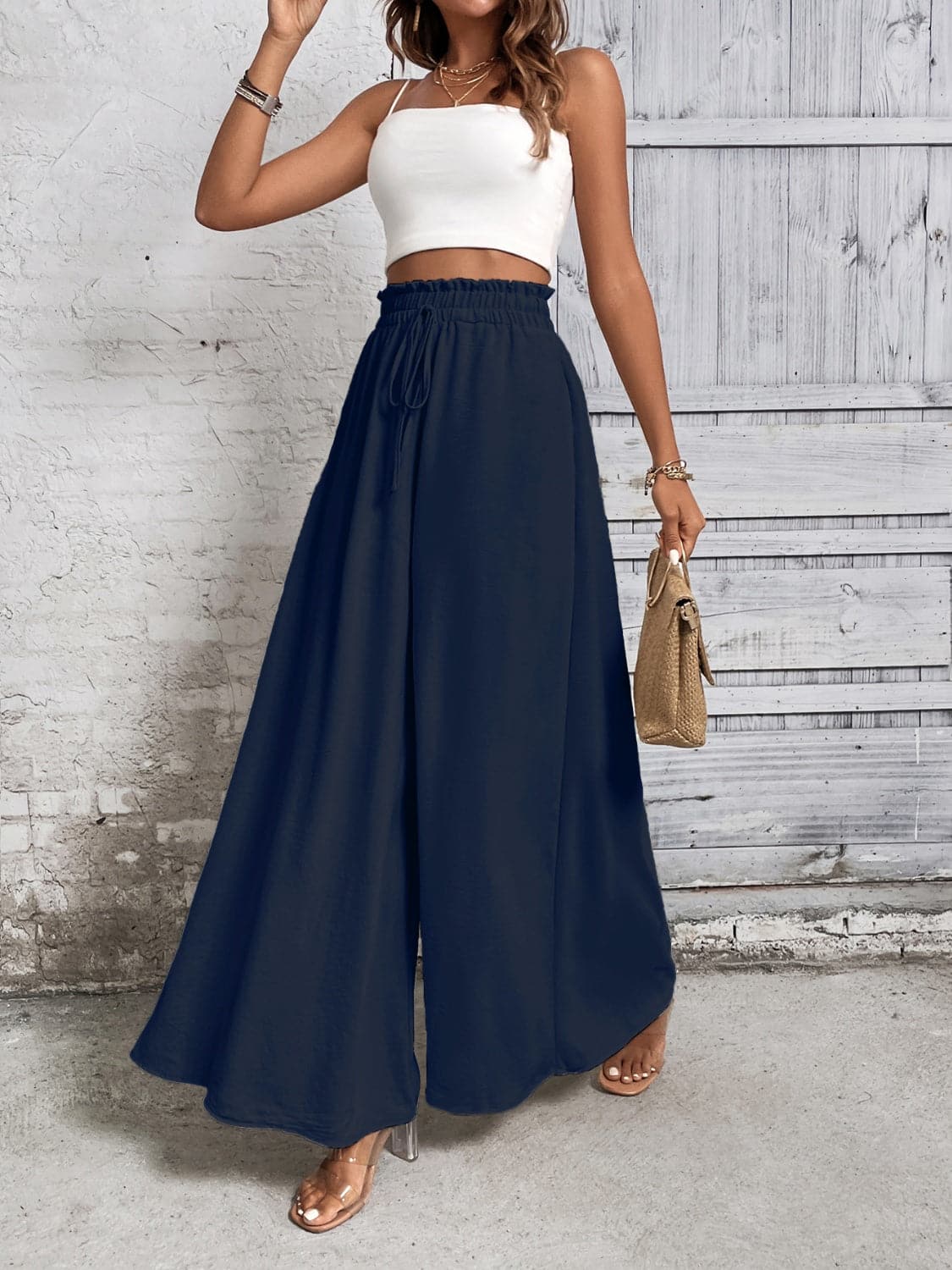 Tied High Waist Wide Leg Pants.