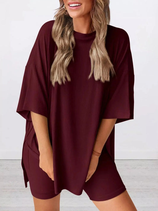 Full Size Relaxed Fit Round Neck Top and Shorts Two-Piece Set Plus Size Simply Love