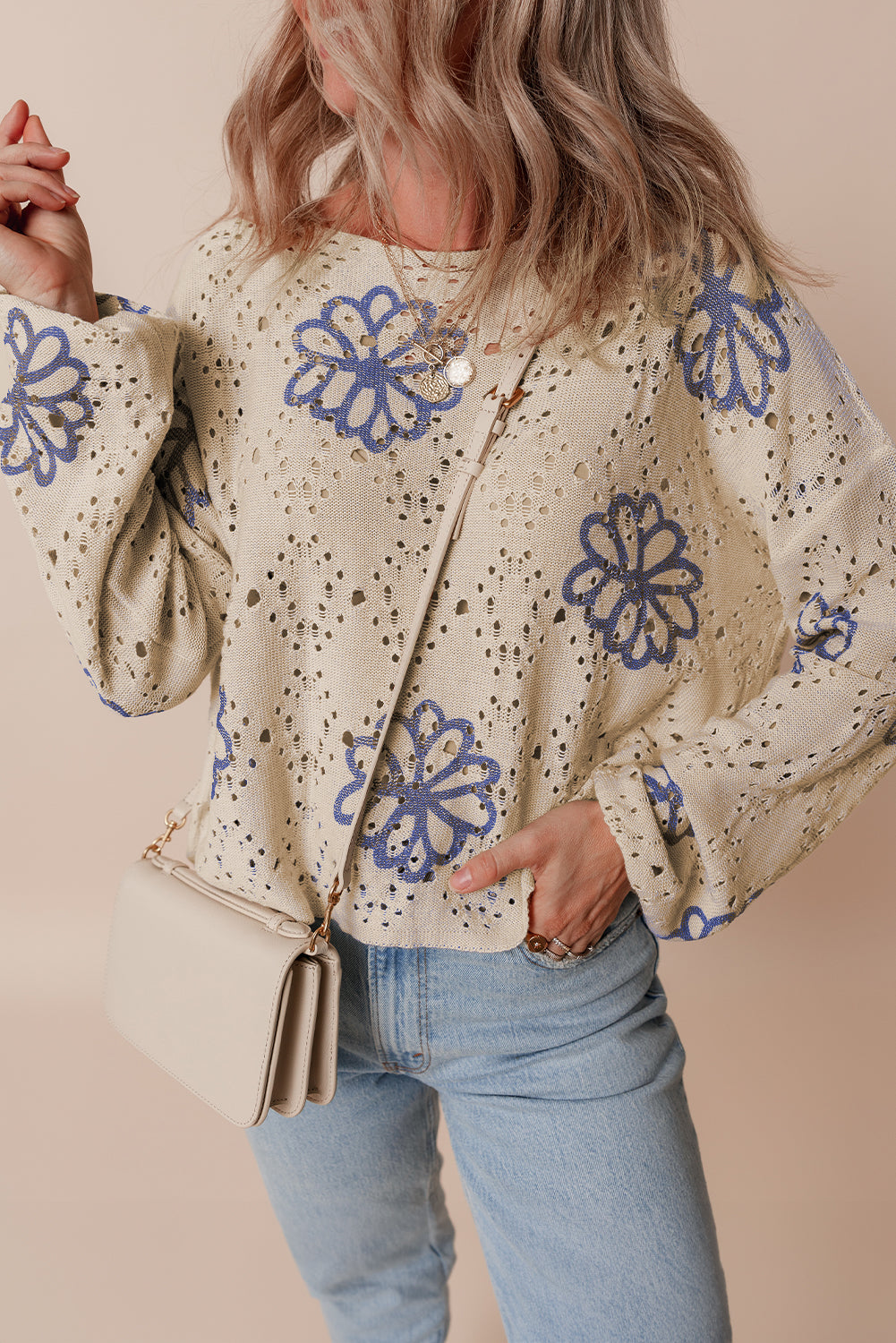 Beige floral eyelet drop shoulder sweater with contrast print