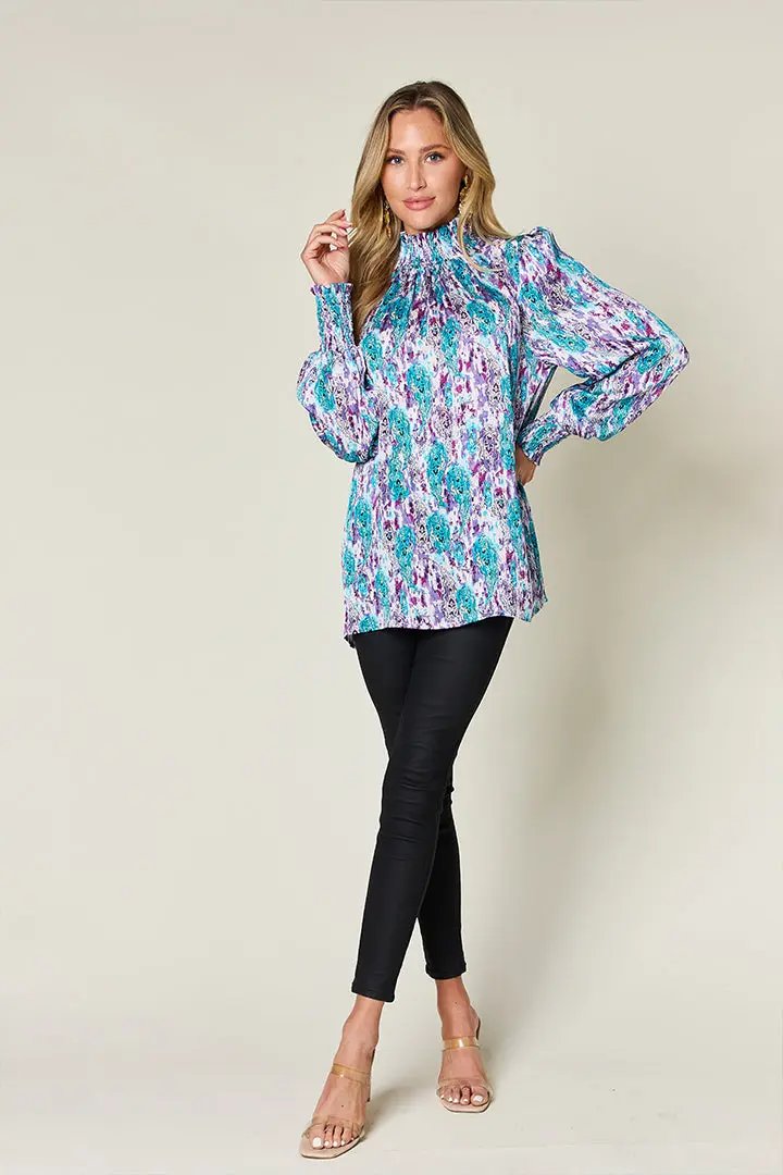 Double Take Full Size Printed Smocked Long Sleeve Blouse - Love Salve