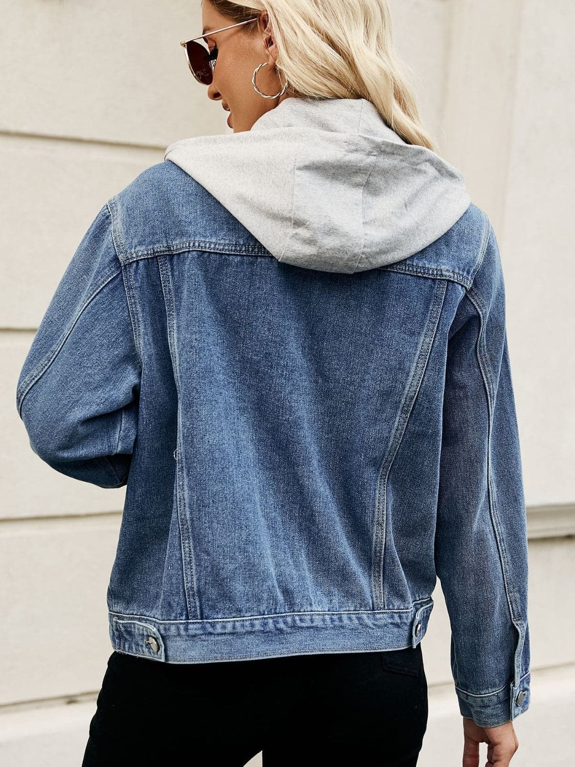 Drawstring Hooded Button Up Denim Jacket.