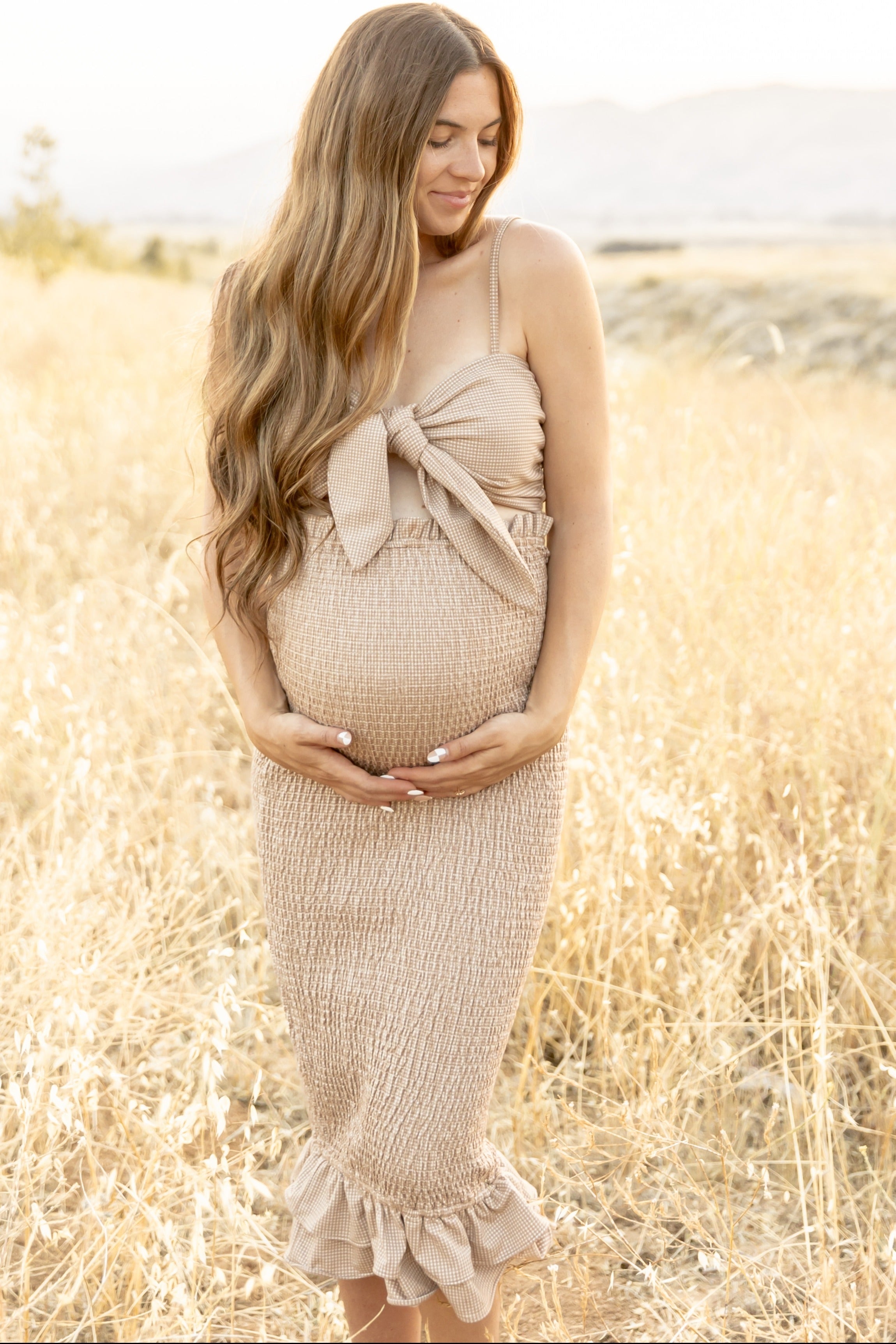 Mocha Gingham Print Smocked Fitted Self-Tie Maternity Midi Dress PinkBlush