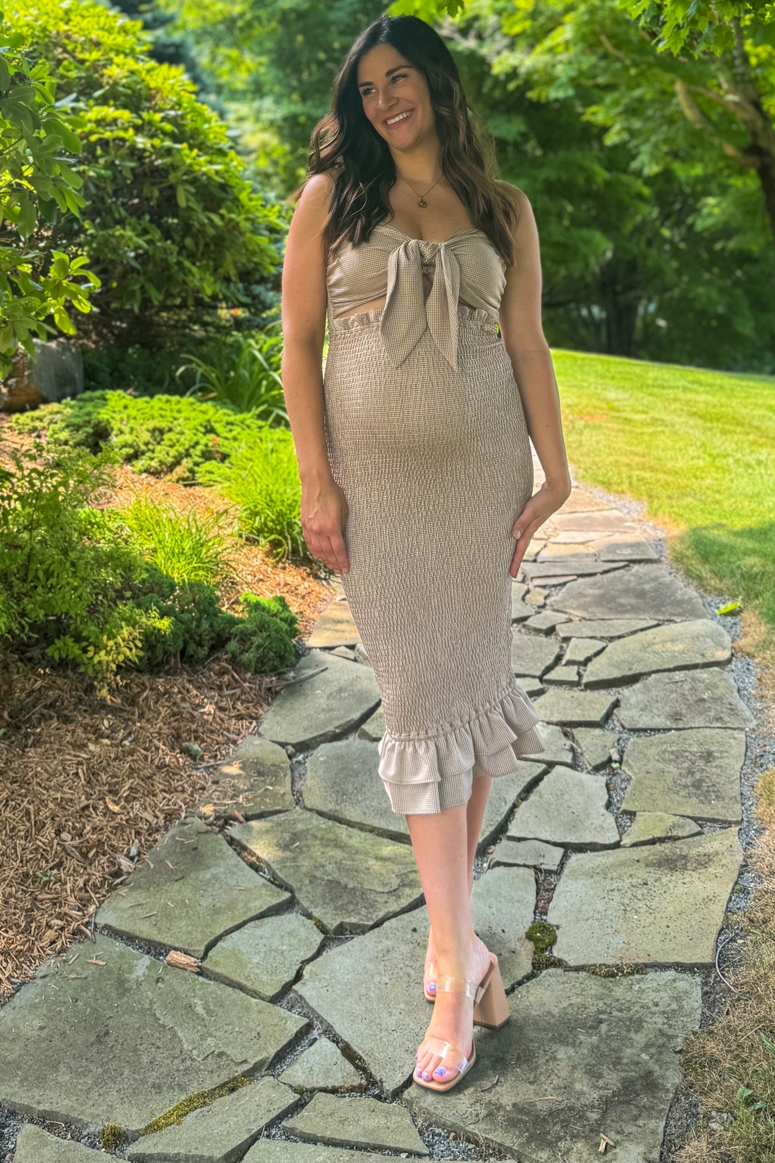 Mocha Gingham Print Smocked Fitted Self-Tie Maternity Midi Dress PinkBlush