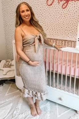 Mocha Gingham Print Smocked Fitted Self-Tie Maternity Midi Dress PinkBlush