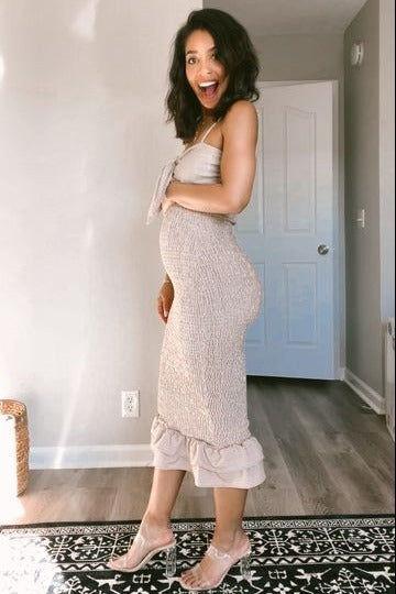 Mocha Gingham Print Smocked Fitted Self-Tie Maternity Midi Dress PinkBlush