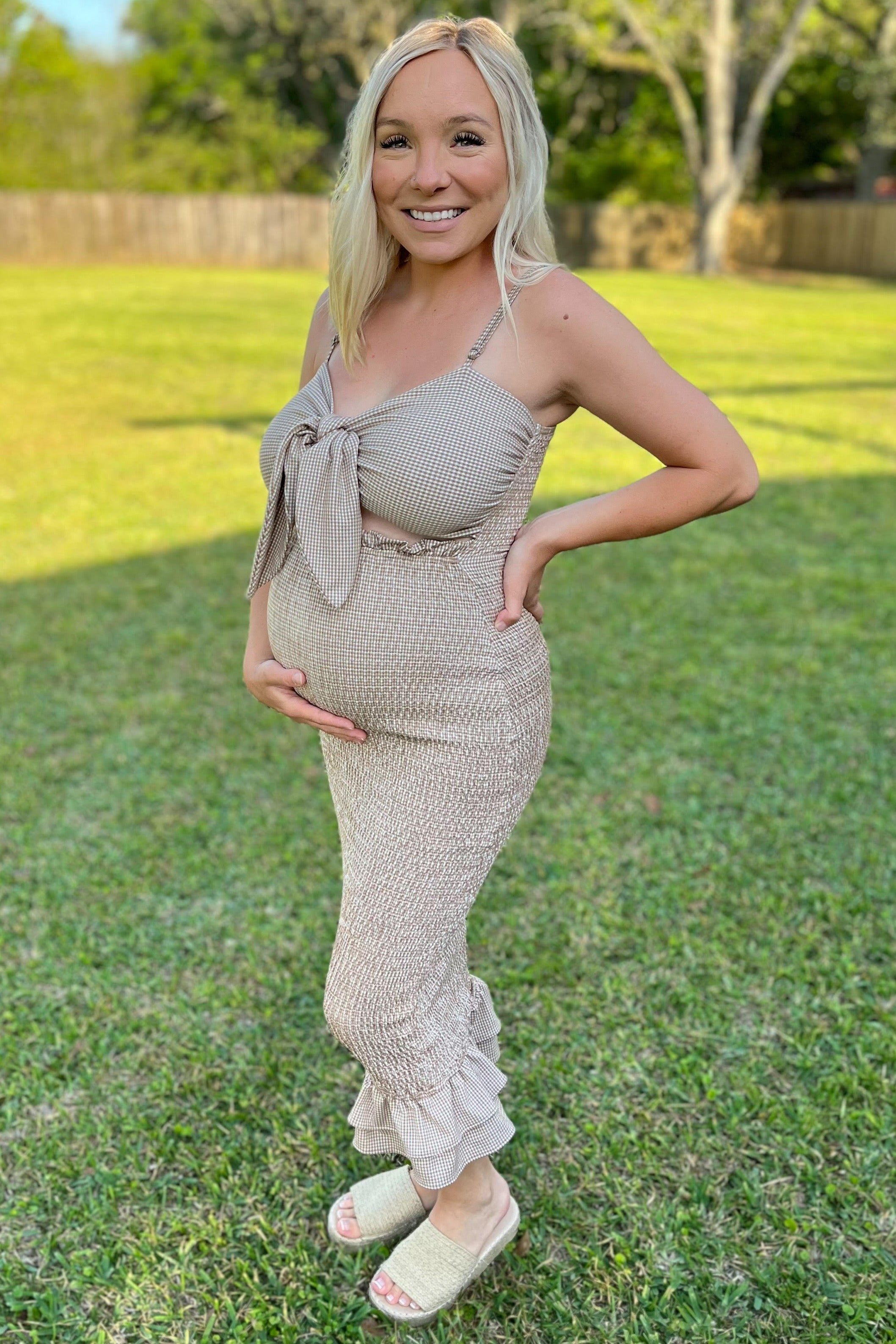 Mocha Gingham Print Smocked Fitted Self-Tie Maternity Midi Dress PinkBlush