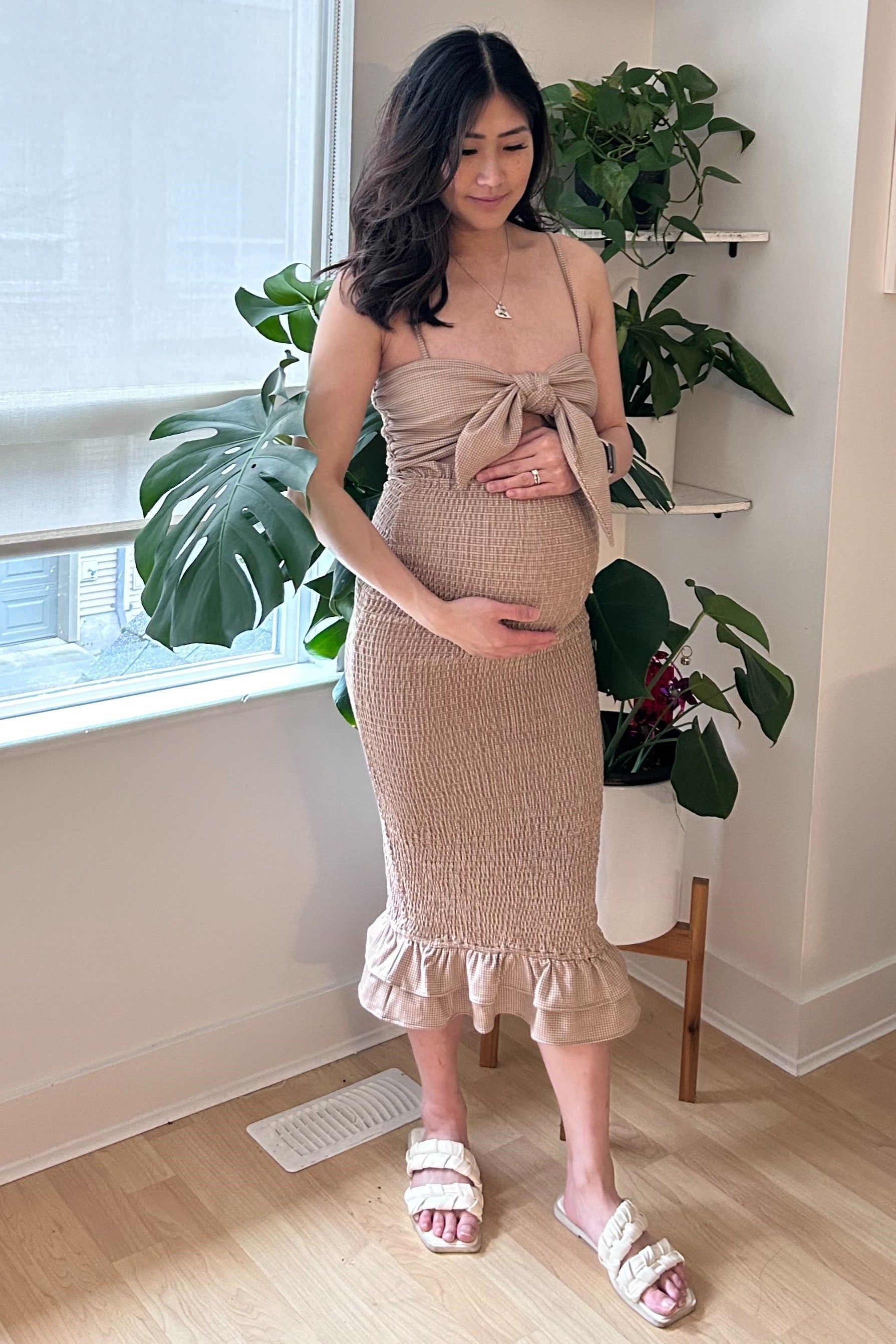 Mocha Gingham Print Smocked Fitted Self-Tie Maternity Midi Dress PinkBlush
