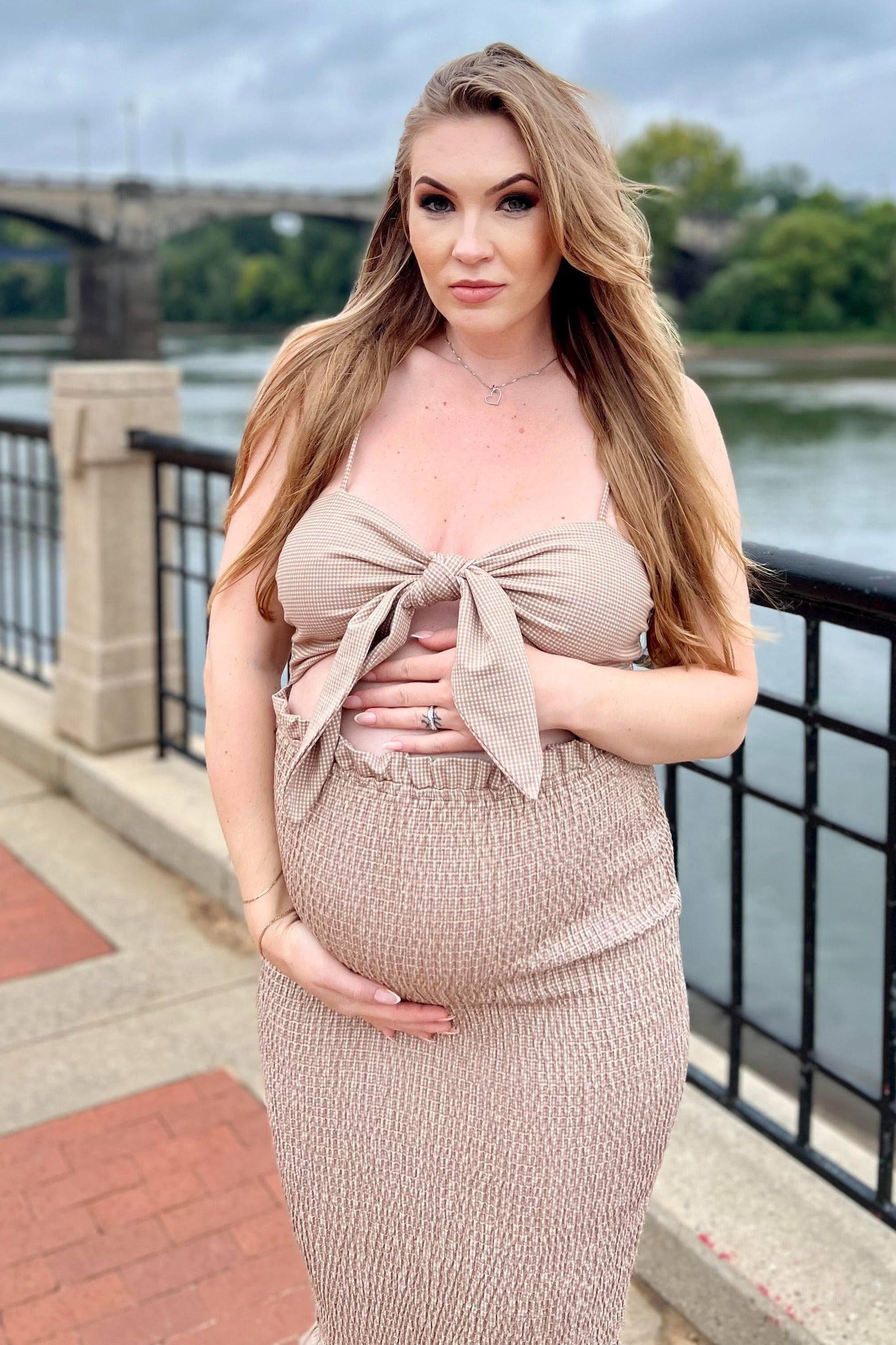 Mocha Gingham Print Smocked Fitted Self-Tie Maternity Midi Dress PinkBlush