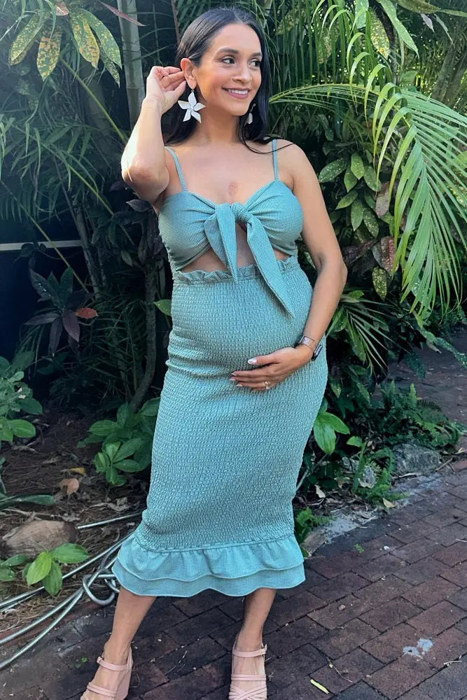 Green Gingham Print Smocked Fitted Self Tie Maternity Midi Dress PinkBlush