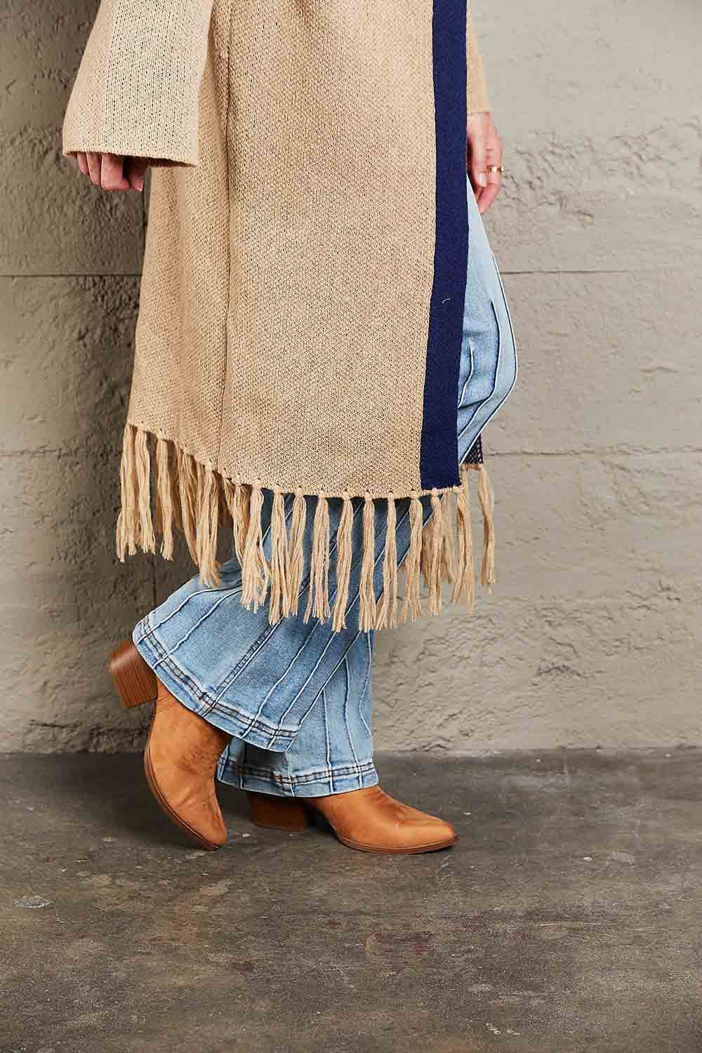 Geometric Fringe Hem Open Front Duster Cardigan.