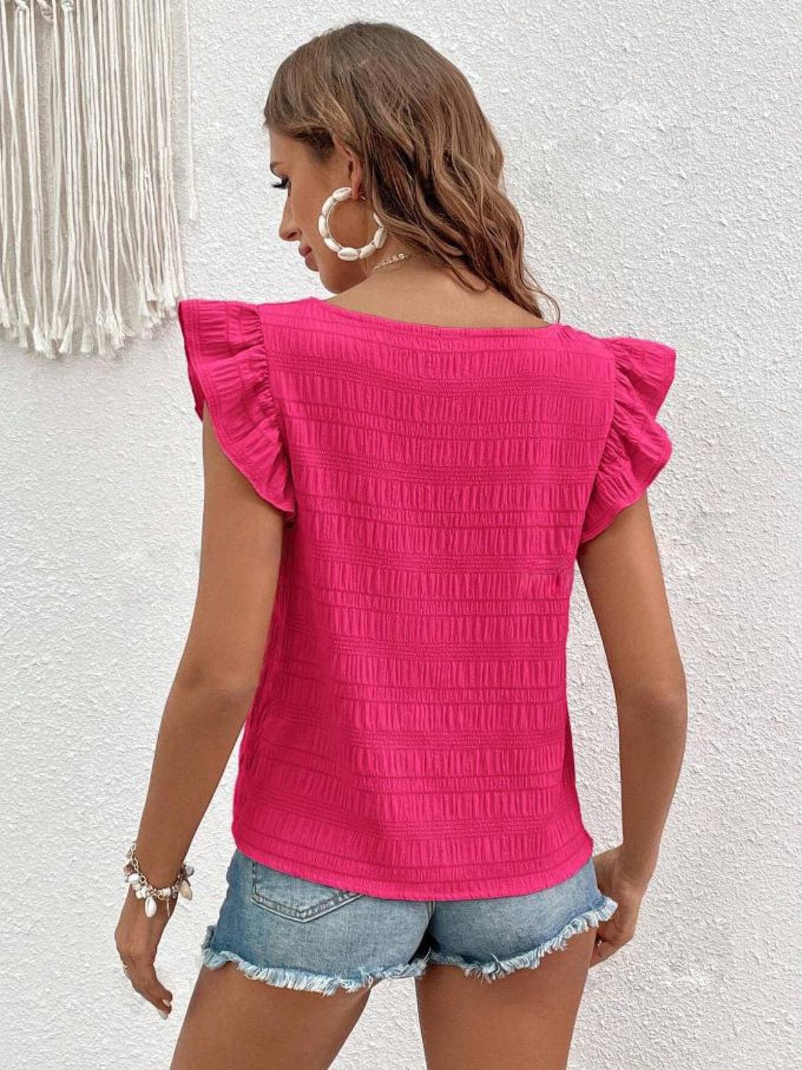 Ruffled Square Neck Cap Sleeve Blouse.