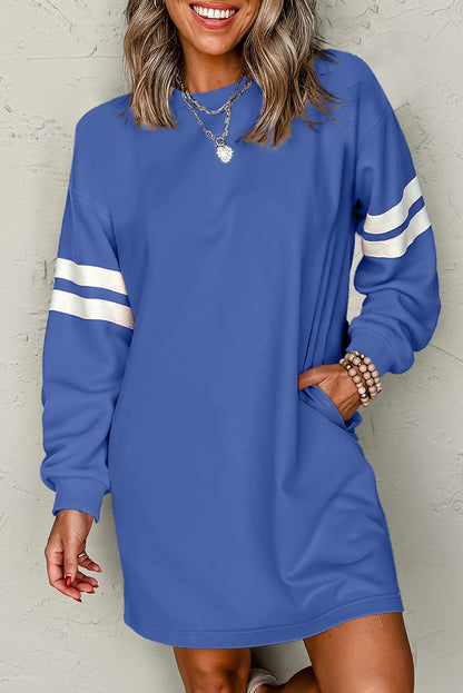 Sky Blue Varsity Sleeve Contrast Shift Sweatshirt Dress