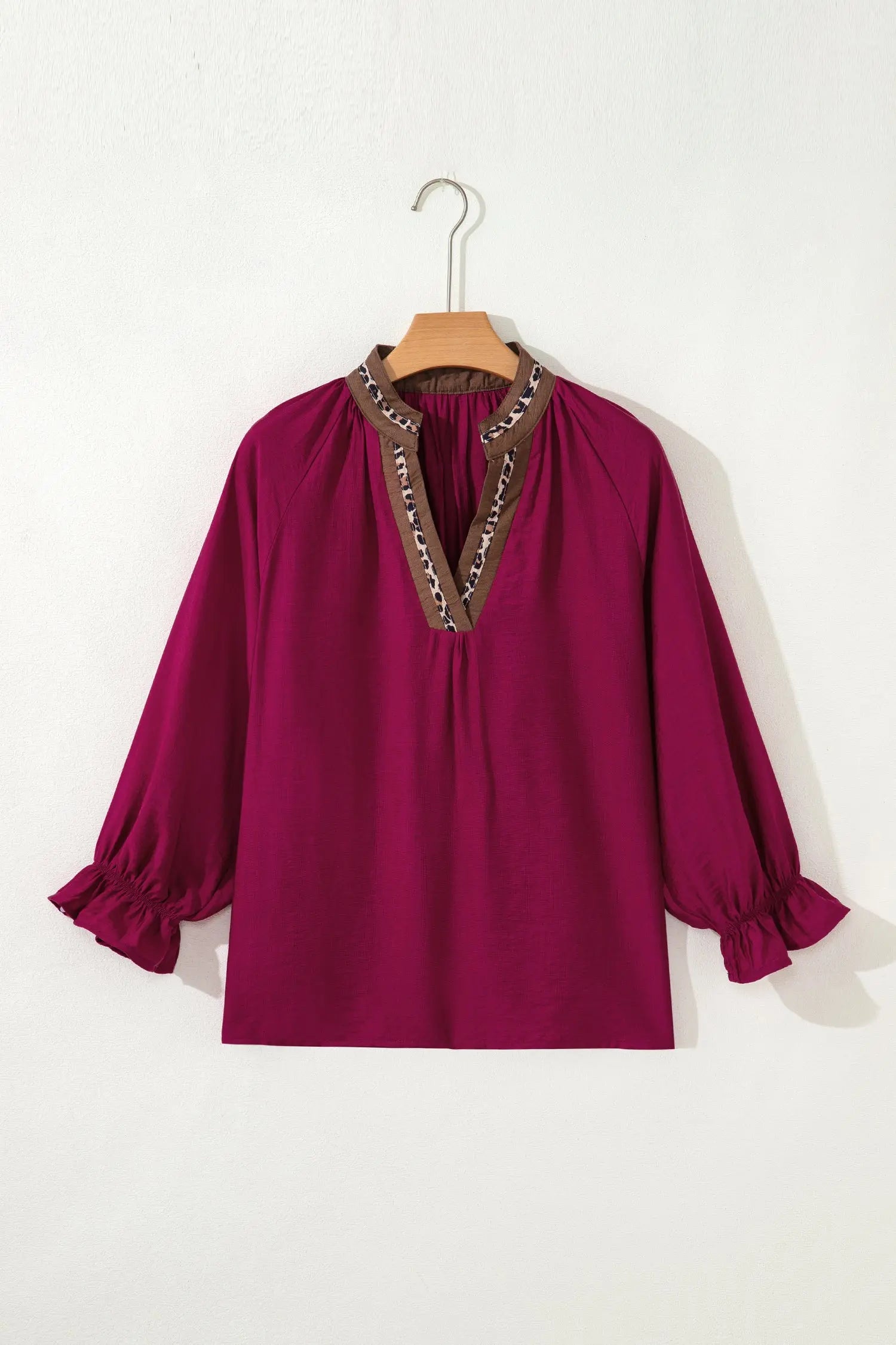 Violet Leopard Trim V Neck Flounced Bracelet Sleeve Blouse Dear-Lover Dropshipping