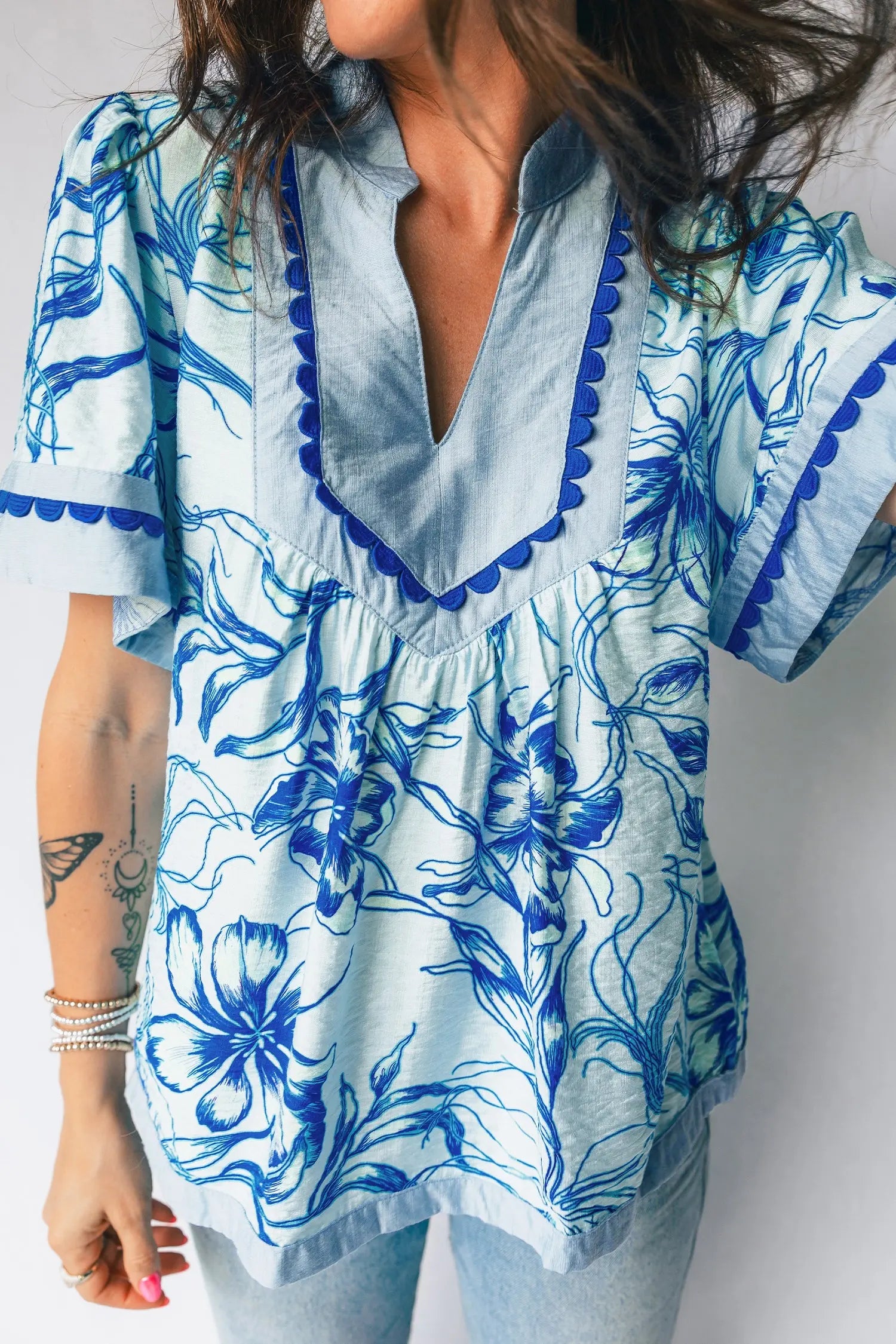 Sky Blue Ricrac Trim Slit V Neck Short Sleeve Floral Blouse Dear-Lover Dropshipping