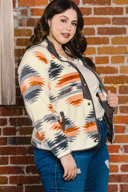 Stylish plus size gray Aztec print jacket with snap buttons and stand neck