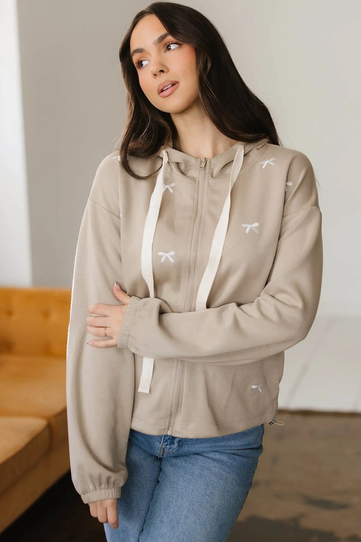 Dear-Lover Khaki Hoodie Women's Casual Streetwear Jacket Zip-Up Bow Detail Comfortable Dear-Lover Dropshipping