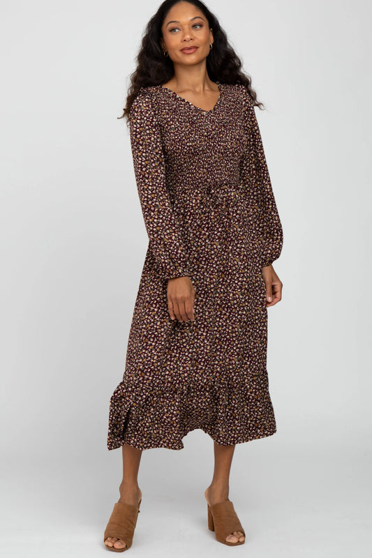 Burgundy Floral Smocked Midi Dress With Long Sleeves And Ruffle Hem PinkBlush