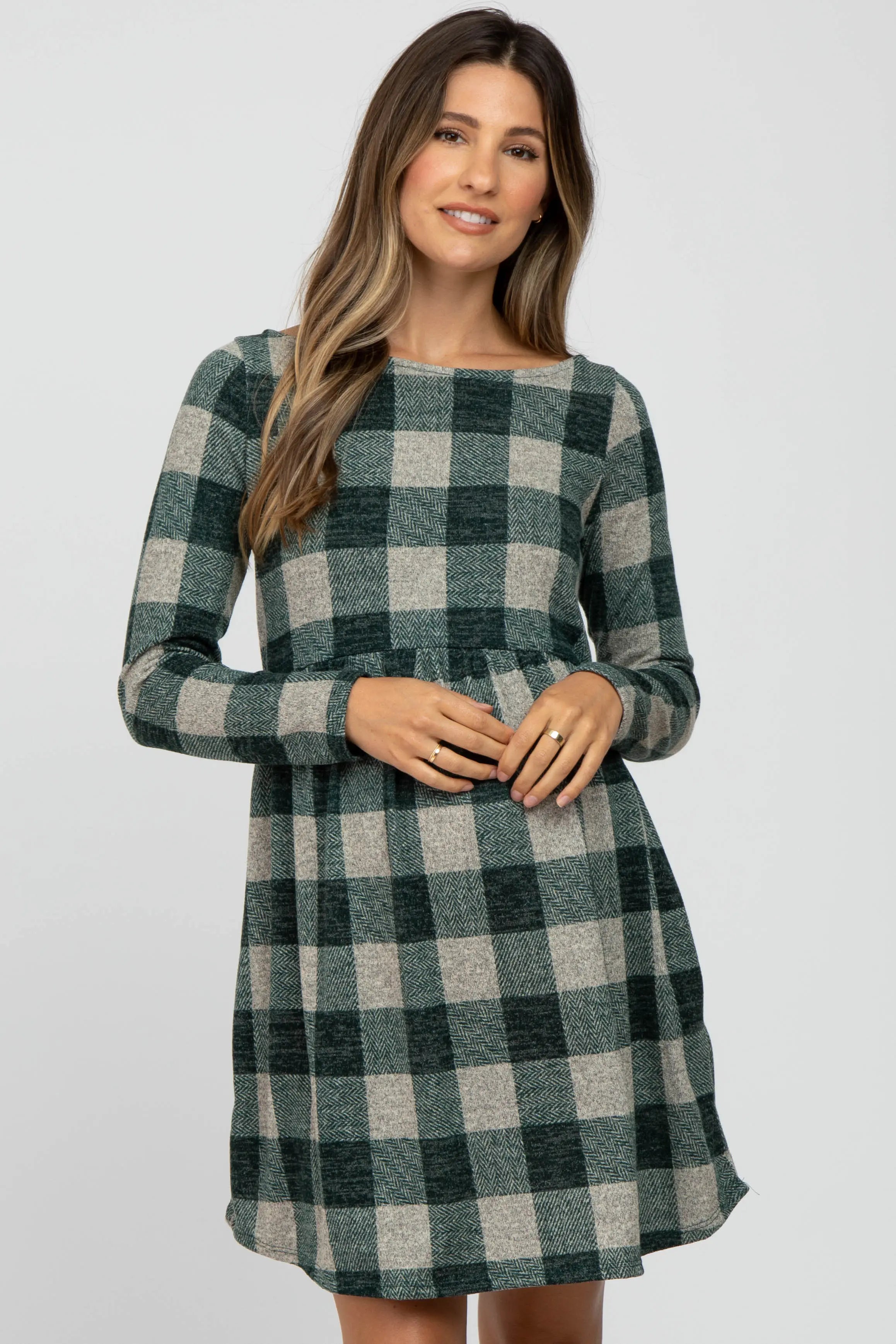 Forest Green Plaid Knit Maternity Dress With Stretchy Comfort Fit PinkBlush
