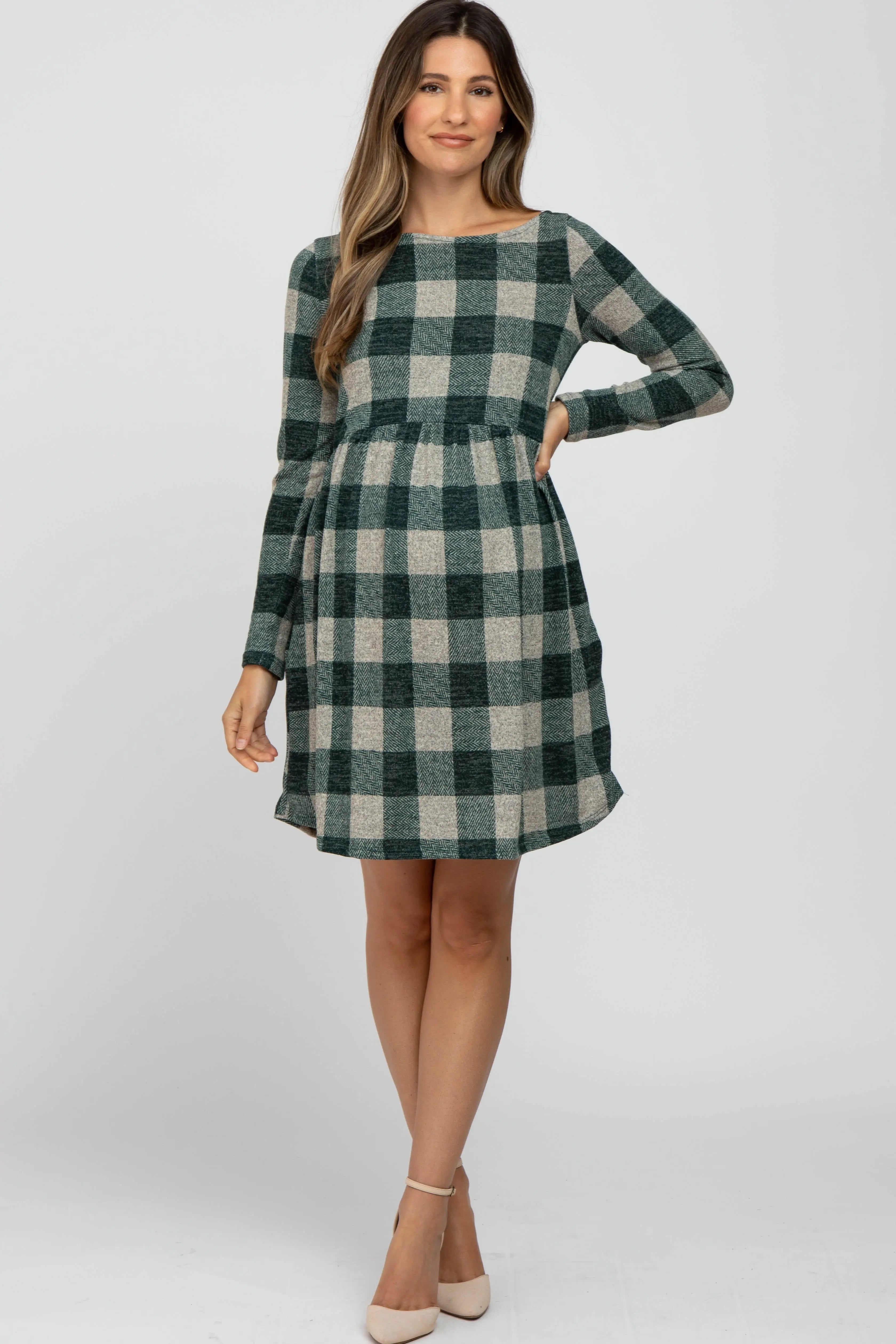 Forest Green Plaid Knit Maternity Dress With Stretchy Comfort Fit PinkBlush