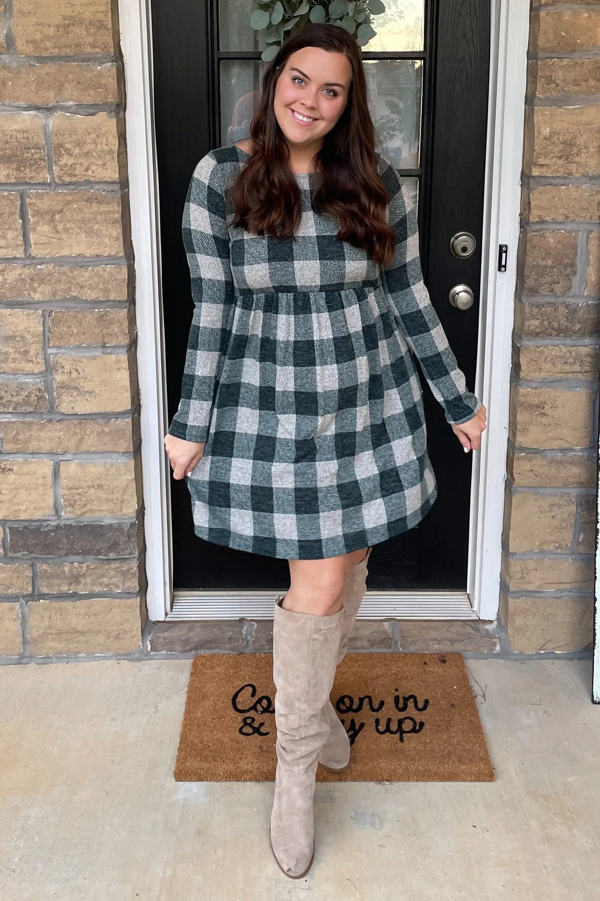 Forest Green Plaid Knit Maternity Dress With Stretchy Comfort Fit PinkBlush