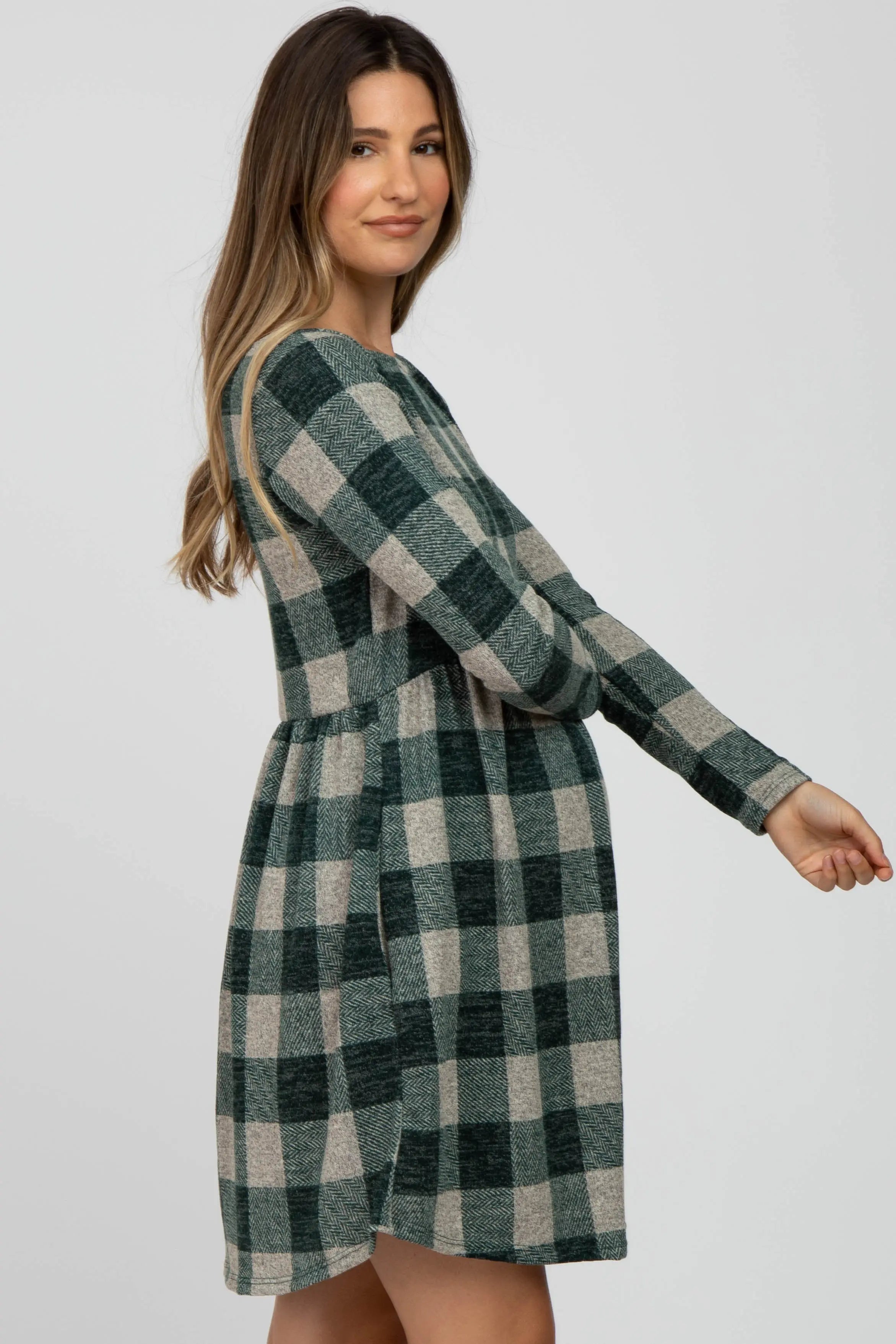Forest Green Plaid Knit Maternity Dress With Stretchy Comfort Fit PinkBlush