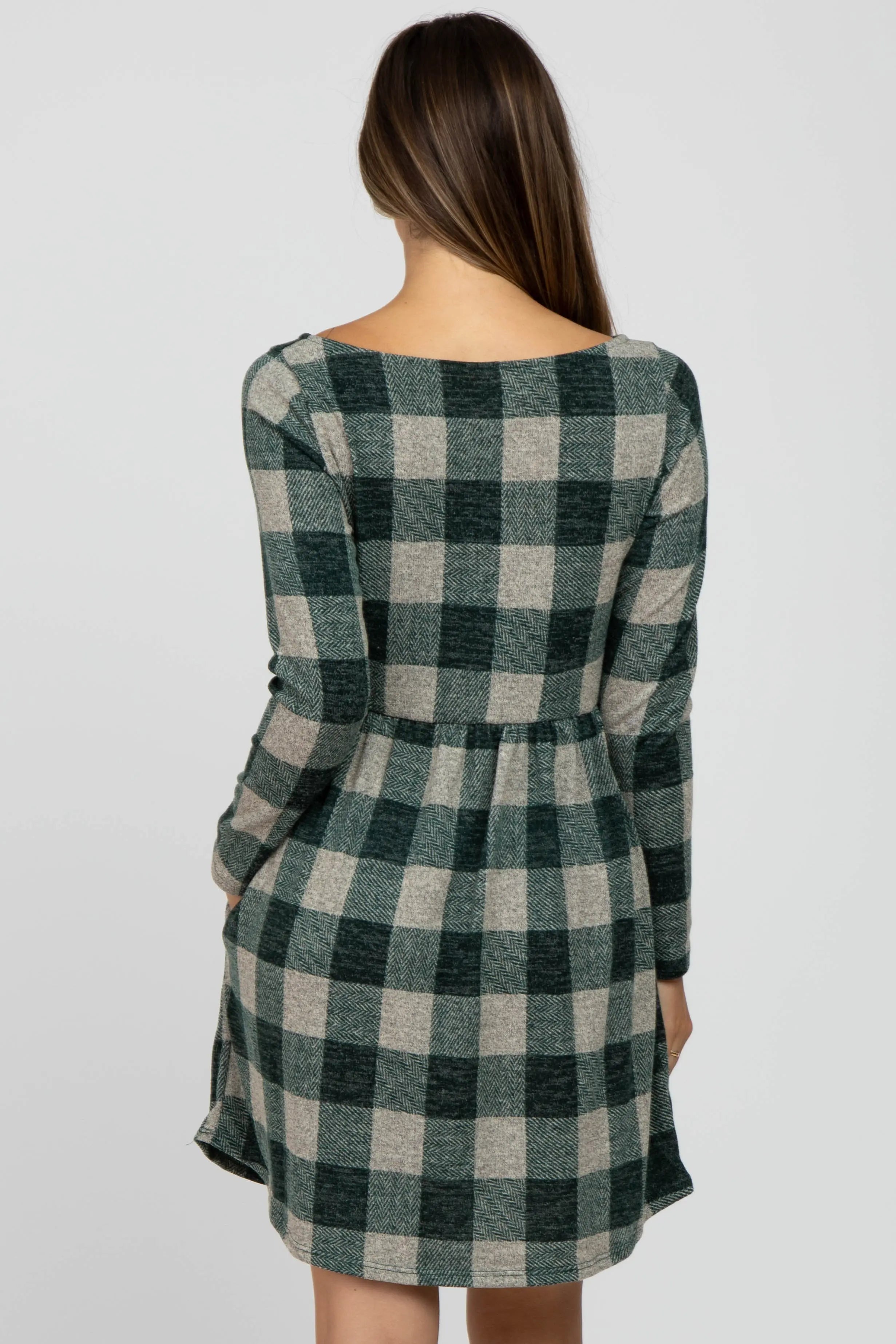 Forest Green Plaid Knit Maternity Dress With Stretchy Comfort Fit PinkBlush