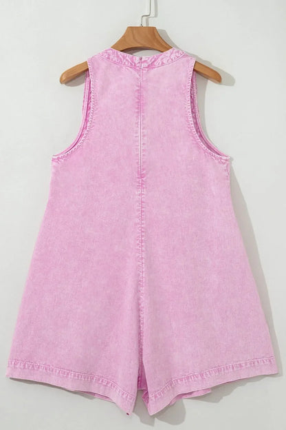 Mineral Wash Pleated Bust V Neck Sleeveless Denim Romper