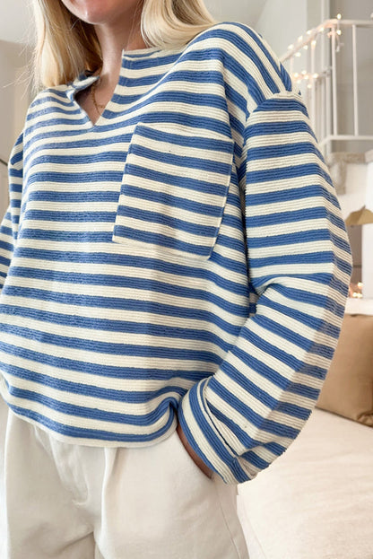 Sky Blue Striped V-Neck Top with Pocket and Buttoned Back