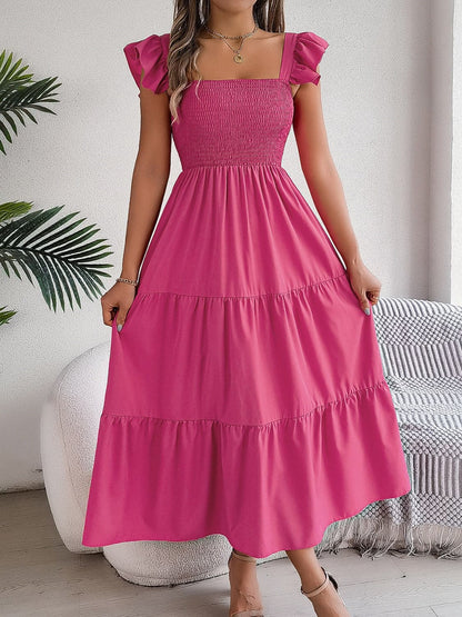 Smocked Square Neck Cap Sleeve Midi Dress.