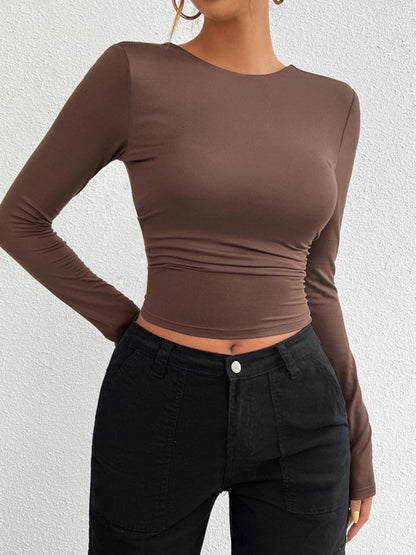 Chic backless long sleeve top with round neck