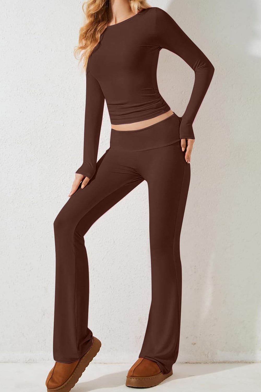 Round Neck Long Sleeve Top and Pants Set.