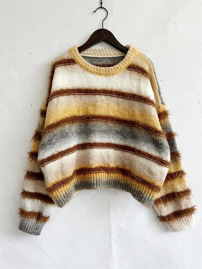 Striped Round Neck Long Sleeve Sweater.