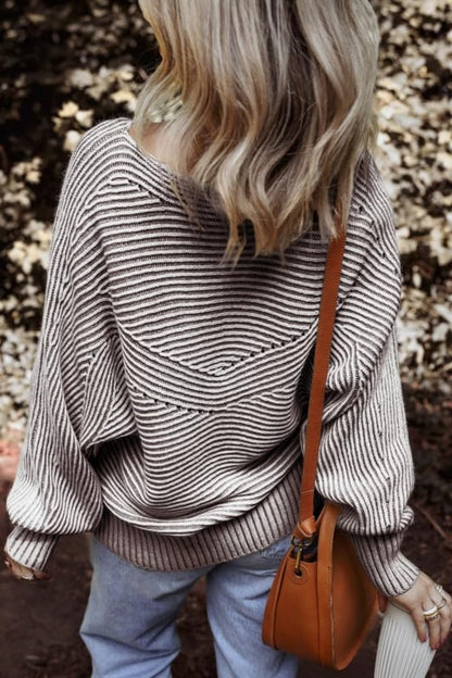 Textured striped long sleeve top with round neck