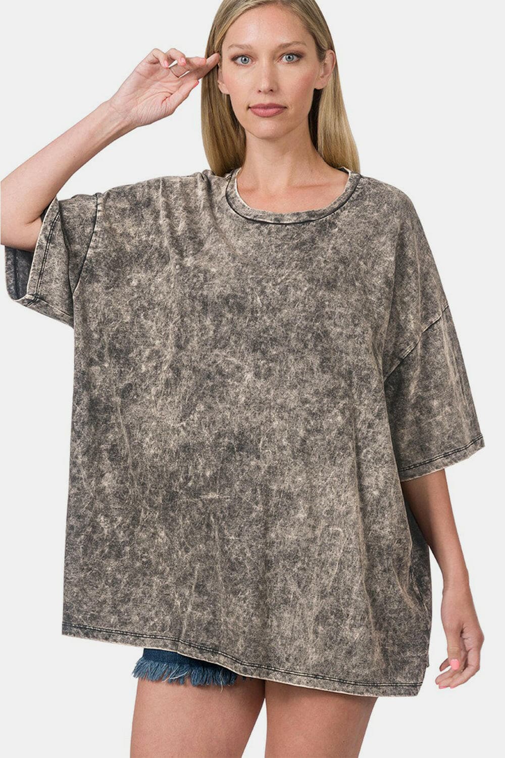 Zenana Washed Round Neck Drop Shoulder Oversized T-Shirt.