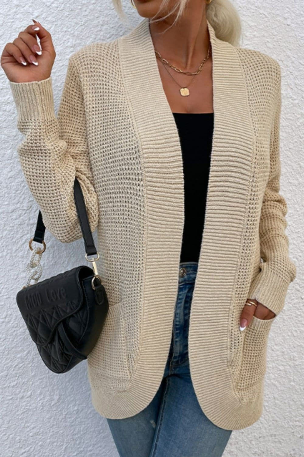 Open Front Rib-Knit Cardigan with Pockets.