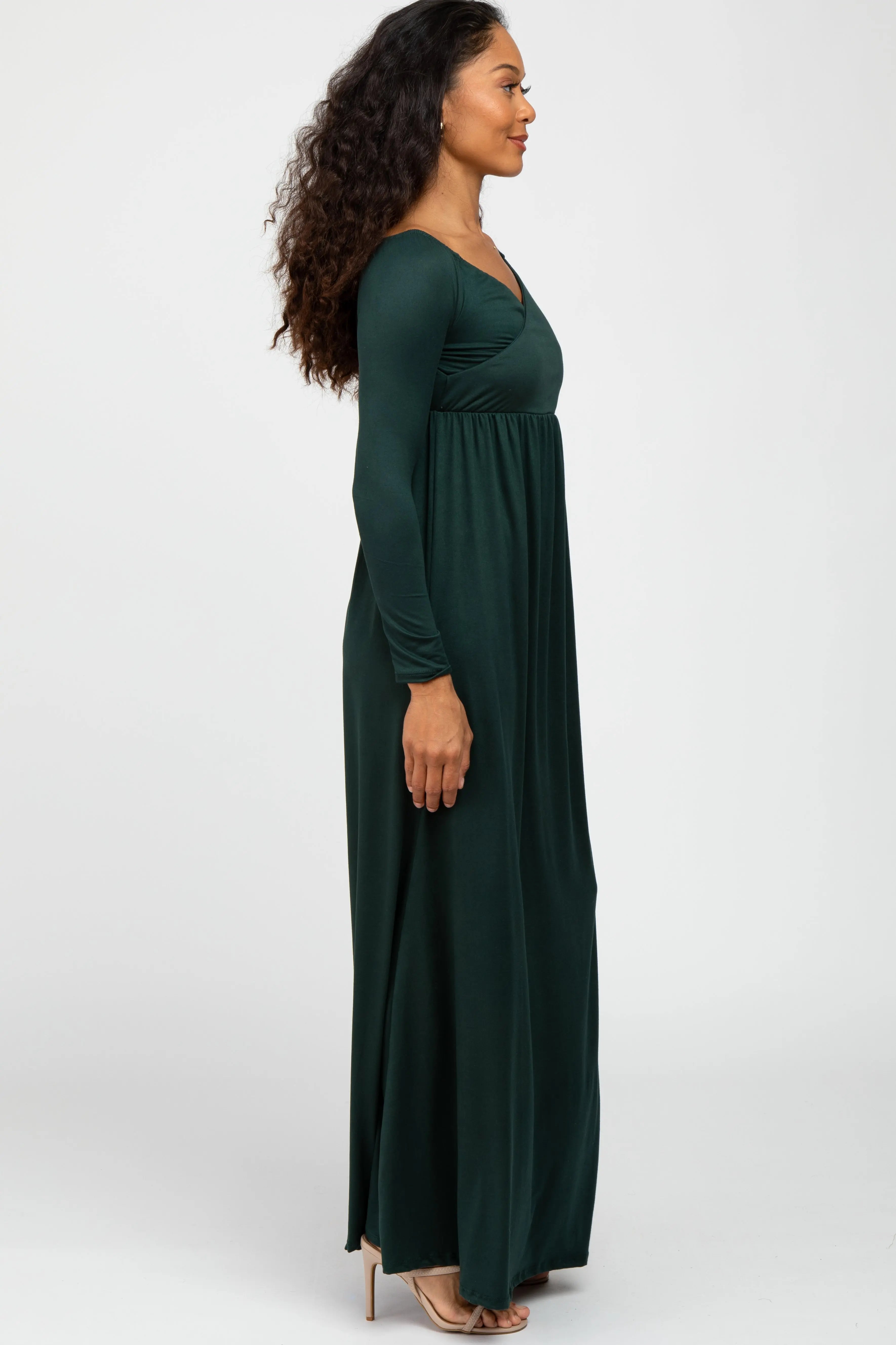 Forest Green Wrap Front Empire Waist Maxi Dress With Long Sleeves PinkBlush