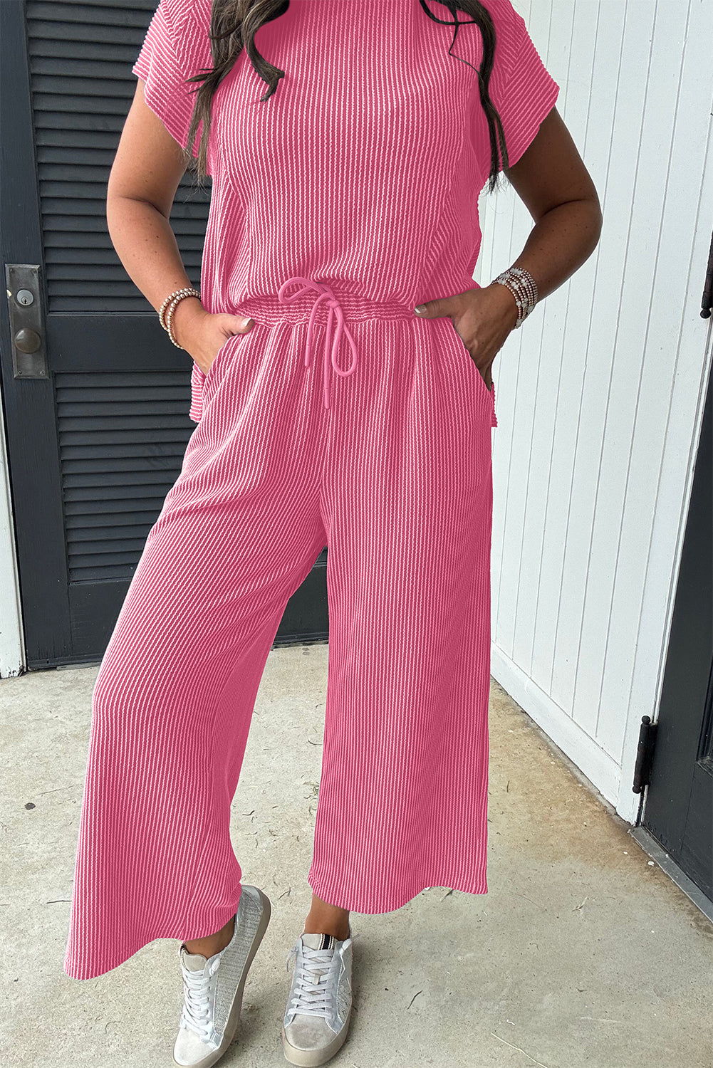Bright Pink Solid Corded Knit Short Sleeve T Shirt Set
