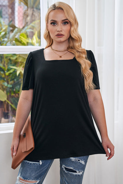 Chic black plus size square neck top with ruched sleeves