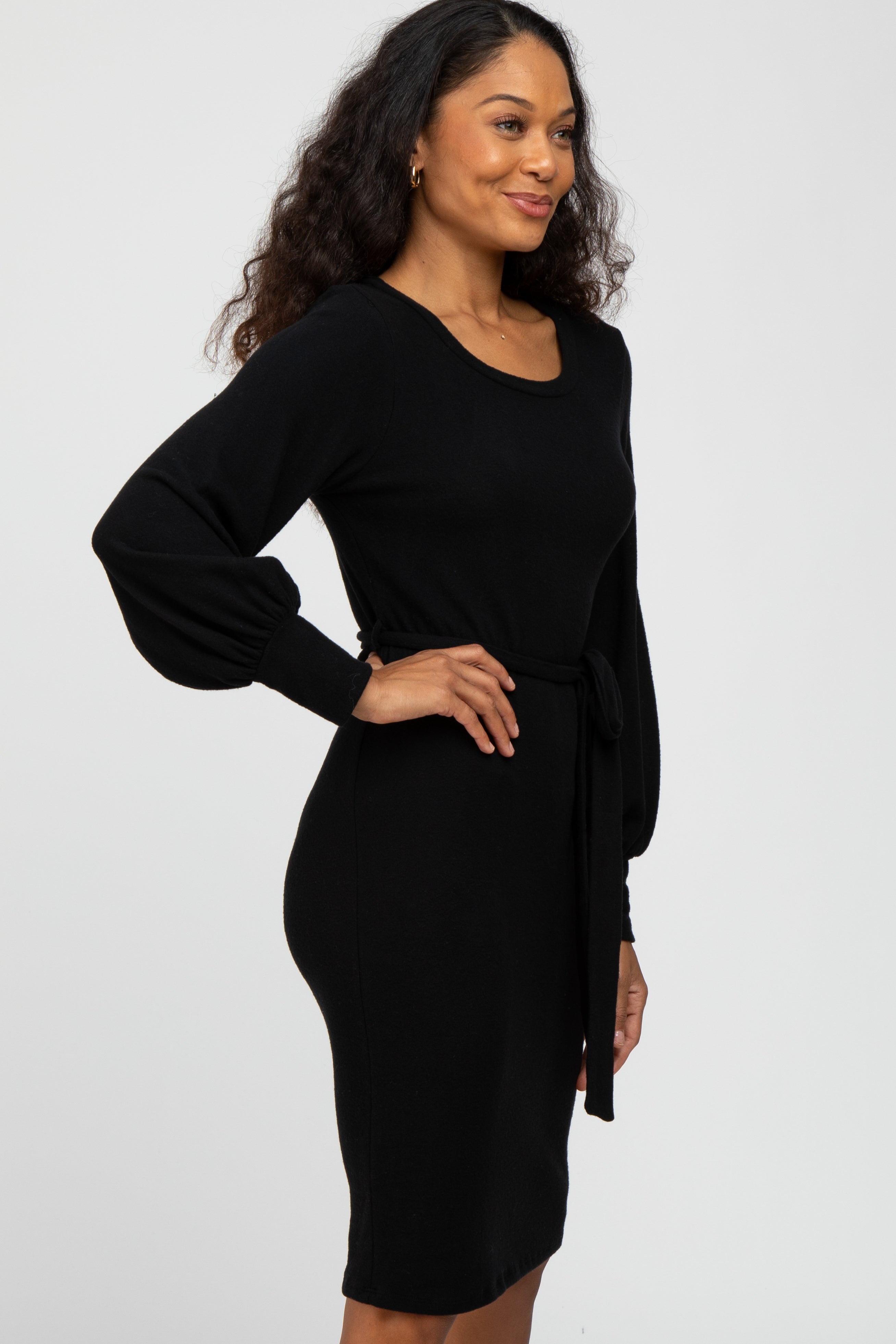 Black Soft Brushed Waist Tie Bubble Sleeve Dress PinkBlush