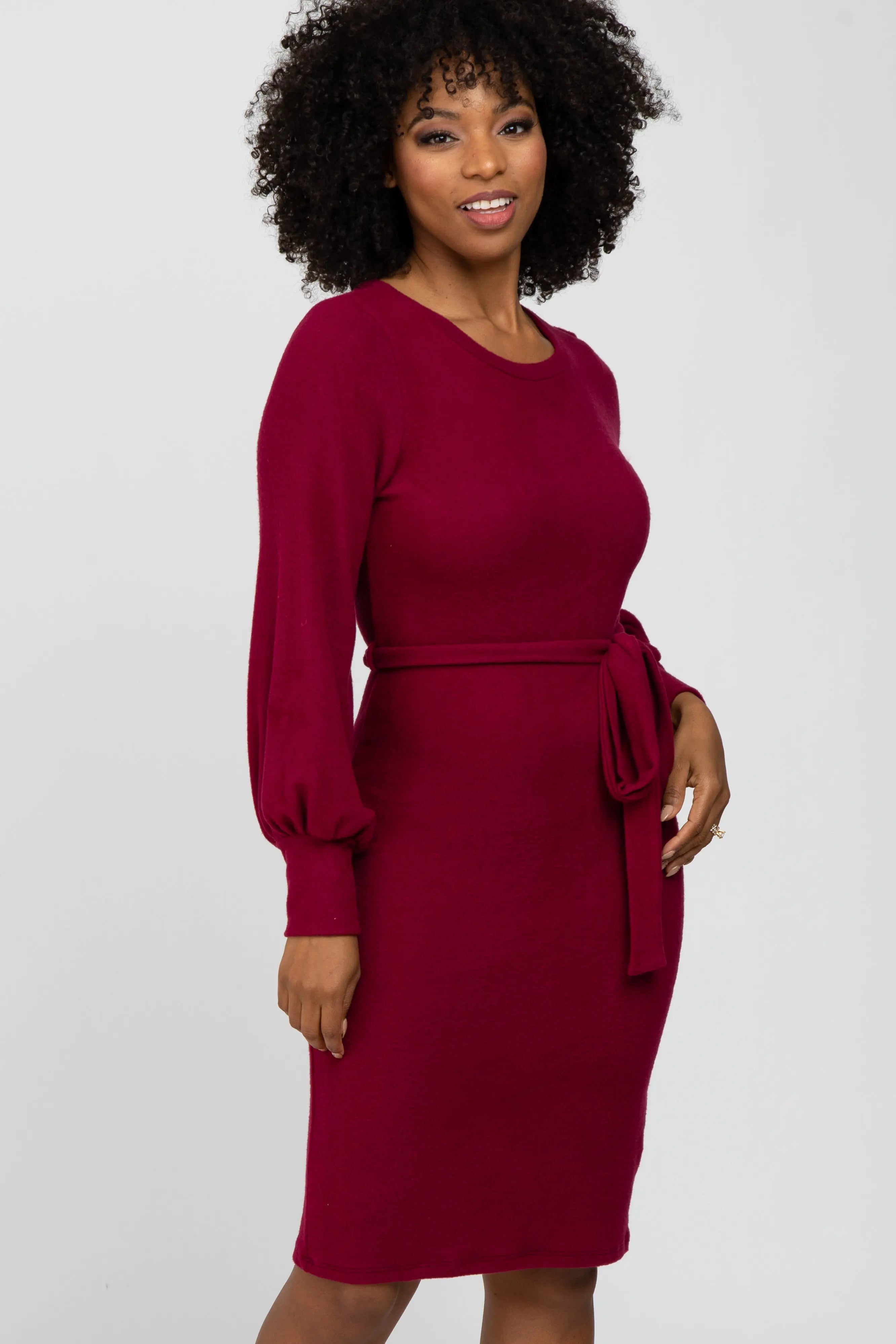 Burgundy Ultra Soft Brushed Knit Dress With Waist Tie And Bubble Sleeves PinkBlush