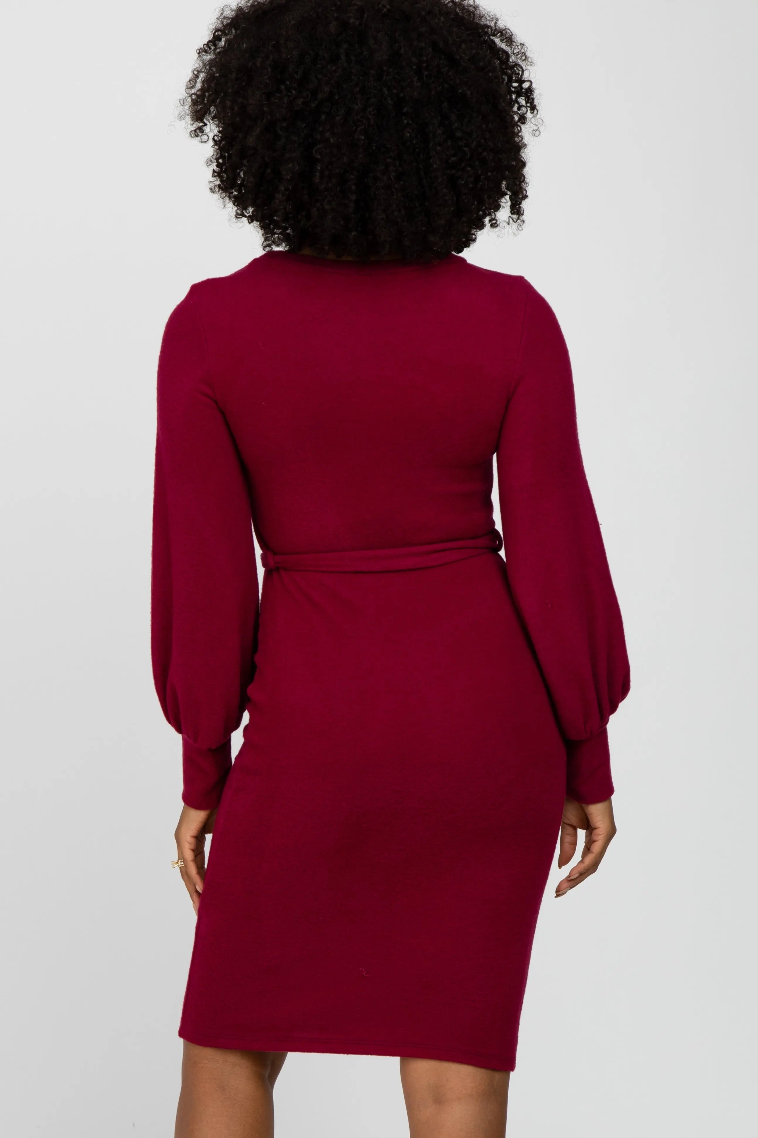 Burgundy Ultra Soft Brushed Knit Dress With Waist Tie And Bubble Sleeves PinkBlush