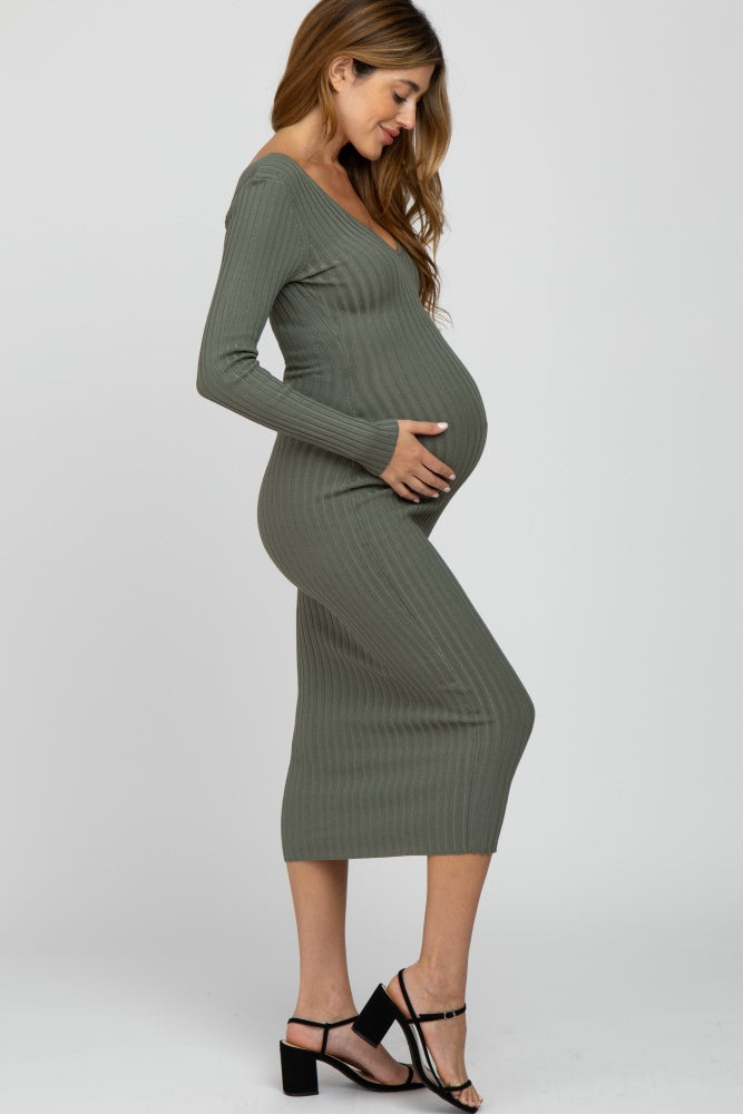 Light Olive V-Neck Long Sleeve Fitted Maternity Maxi Dress PinkBlush