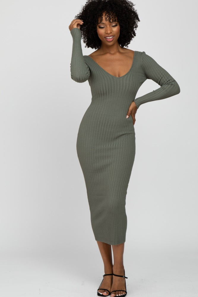 Light Olive V-Neck Long Sleeve Fitted Maxi Dress PinkBlush