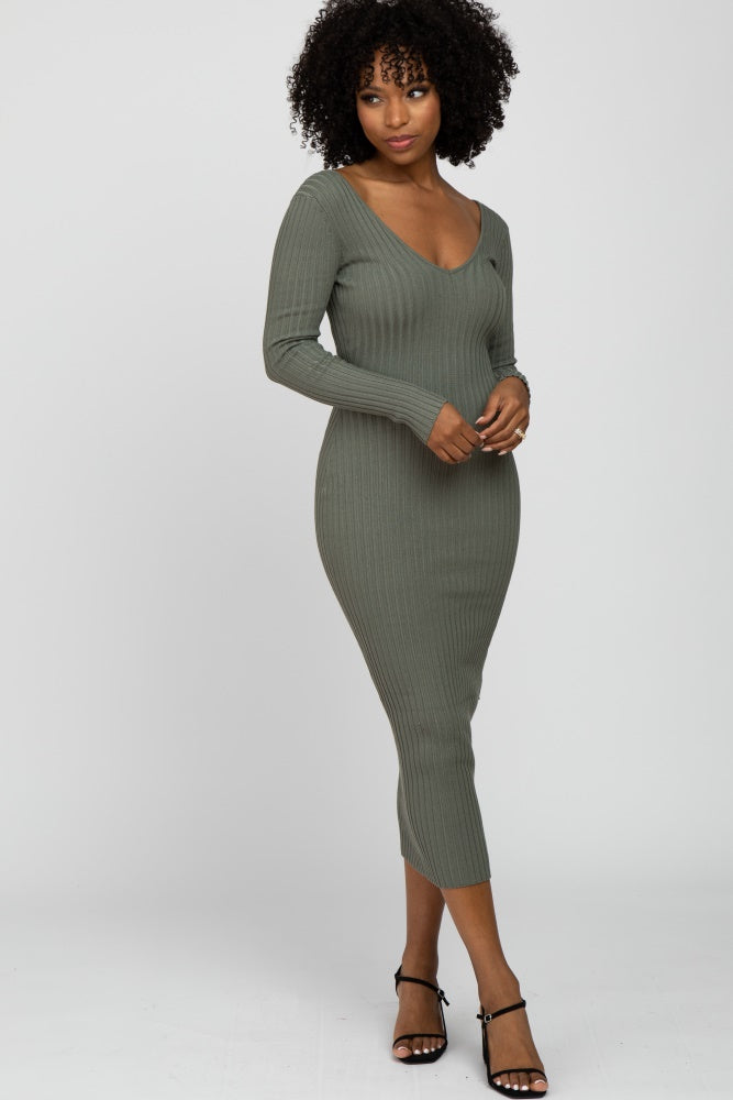 Light Olive V-Neck Long Sleeve Fitted Maxi Dress PinkBlush